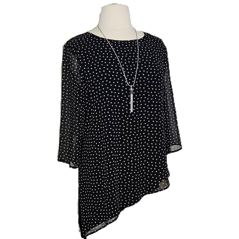Chico's Travelers 3 Long Asymmetrical Blouse Polka Dot B/W Chiffon Overlay
